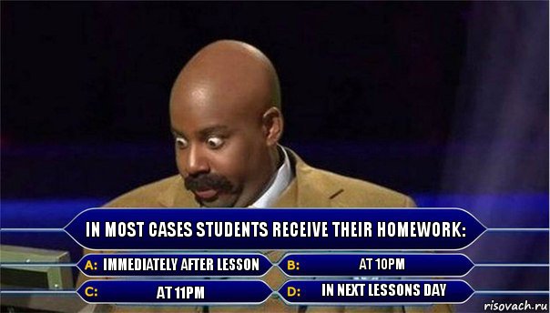 In most cases students receive their homework: Immediately after lesson At 10pm At 11pm In next lessons day, Комикс      Кто хочет стать миллионером