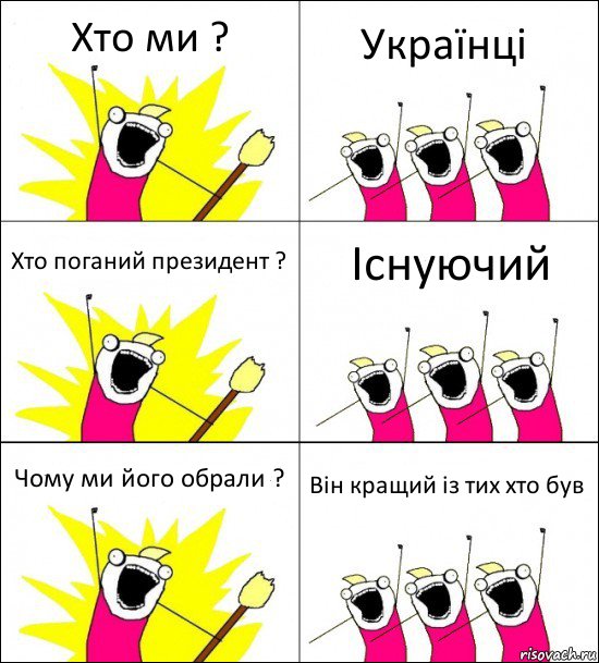 Хто ми ? Українці Хто поганий президент ? Існуючий Чому ми його обрали ? Він кращий із тих хто був, Комикс кто мы