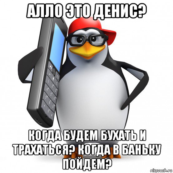 алло это денис? когда будем бухать и трахаться? когда в баньку пойдем?, Мем   Пингвин звонит