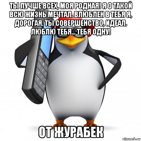 ты лучше всех, моя родная! я о такой всю жизнь мечтал. влюблен в тебя я, дорогая. ты совершенство, идеал. люблю тебя... тебя одну! от журабек, Мем   Пингвин звонит