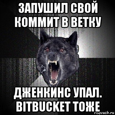 запушил свой коммит в ветку дженкинс упал. bitbucket тоже, Мем Сумасшедший волк