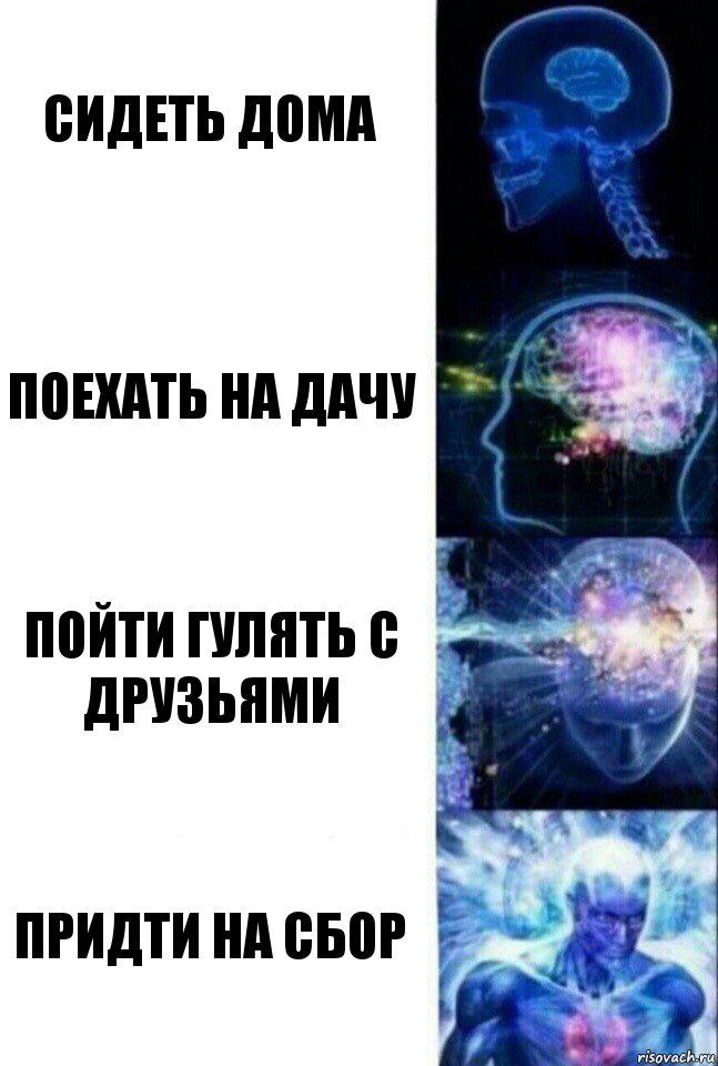 сидеть дома поехать на дачу пойти гулять с друзьями Придти на сбор, Комикс  Сверхразум