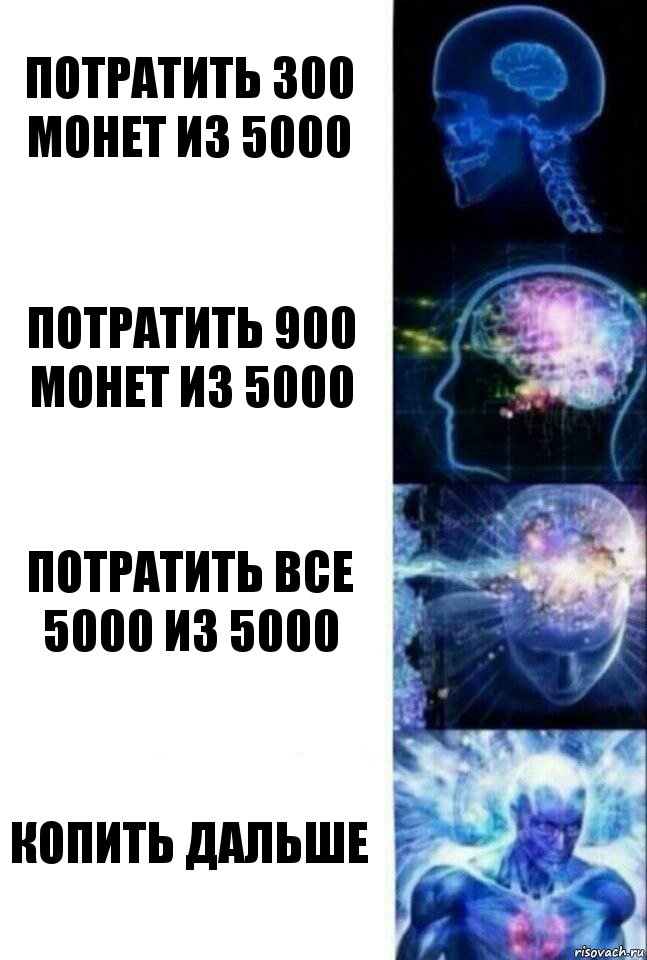 Потратить 300 монет из 5000 Потратить 900 монет из 5000 Потратить все 5000 из 5000 Копить дальше, Комикс  Сверхразум