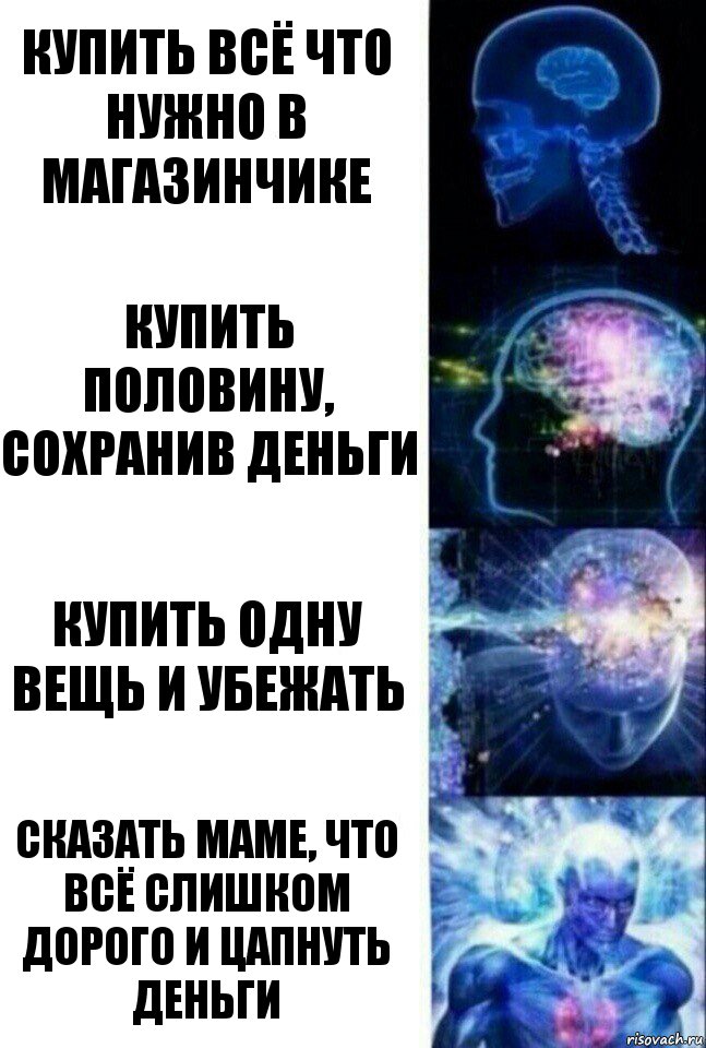 Купить всё что нужно в магазинчике Купить половину, сохранив деньги Купить одну вещь и убежать Сказать маме, что всё слишком дорого и цапнуть деньги, Комикс  Сверхразум