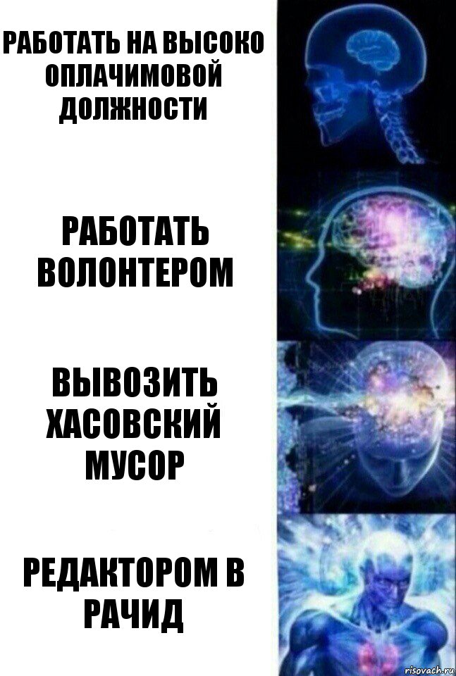 Работать на высоко оплачимовой должности Работать волонтером Вывозить хасовский мусор Редактором в Рачид, Комикс  Сверхразум