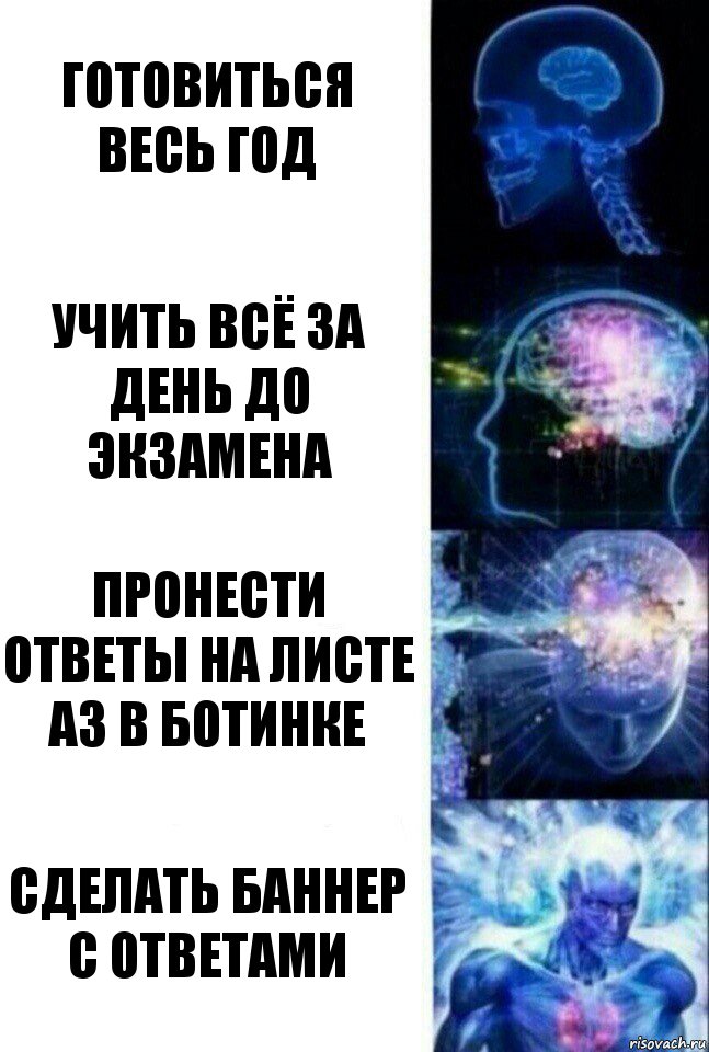 Готовиться весь год Учить всё за день до экзамена Пронести ответы на листе А3 в ботинке Сделать баннер с ответами, Комикс  Сверхразум