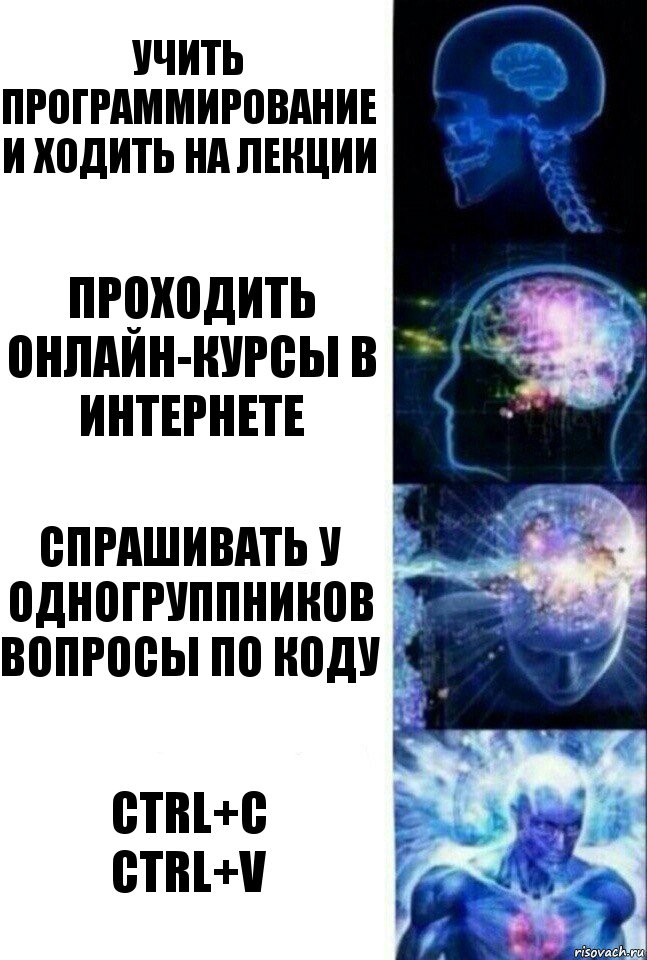 Учить программирование и ходить на лекции Проходить онлайн-курсы в интернете спрашивать у одногруппников вопросы по коду Ctrl+C
Ctrl+V, Комикс  Сверхразум