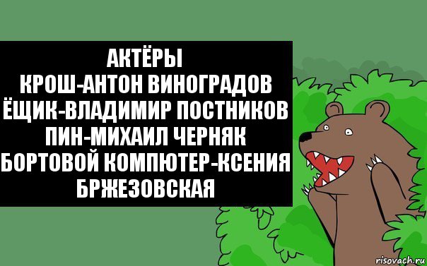 Актёры
Крош-Антон Виноградов
Ёщик-Владимир Постников
Пин-Михаил Черняк
Бортовой Компютер-Ксения Бржезовская, Комикс Надпись медведя из кустов