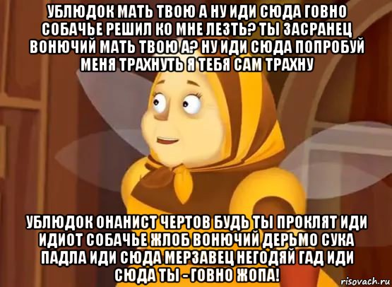 ублюдок мать твою а ну иди сюда говно собачье решил ко мне лезть? ты засранец вонючий мать твою а? ну иди сюда попробуй меня трахнуть я тебя сам трахну ублюдок онанист чертов будь ты проклят иди идиот собачье жлоб вонючий дерьмо сука падла иди сюда мерзавец негодяй гад иди сюда ты - говно жопа!
