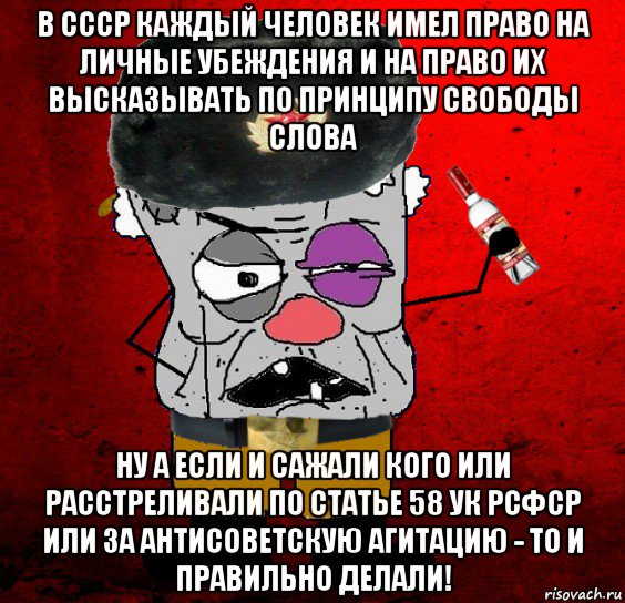 в ссср каждый человек имел право на личные убеждения и на право их высказывать по принципу свободы слова ну а если и сажали кого или расстреливали по статье 58 ук рсфср или за антисоветскую агитацию - то и правильно делали!