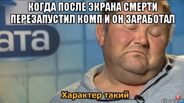 когда после экрана смерти перезапустил комп и он заработал , Мем  Характер такий