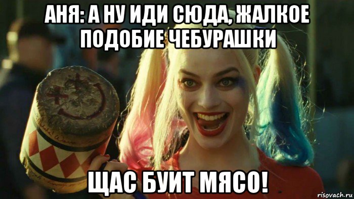 аня: а ну иди сюда, жалкое подобие чебурашки щас буит мясо!, Мем    Harley quinn