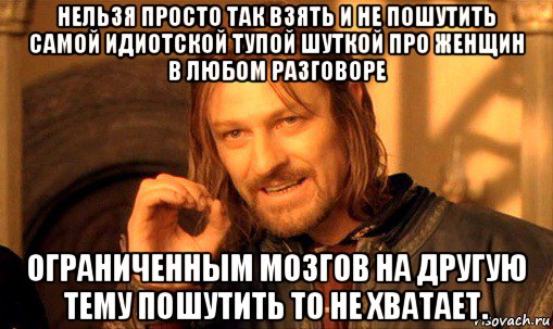 нельзя просто так взять и не пошутить самой идиотской тупой шуткой про женщин в любом разговоре ограниченным мозгов на другую тему пошутить то не хватает., Мем Нельзя просто так взять и (Боромир мем)