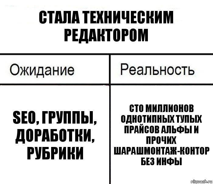 Стала техническим редактором SEO, группы, доработки, рубрики Сто миллионов однотипных тупых прайсов Альфы и прочих шарашмонтаж-контор без инфы, Комикс  Ожидание - реальность