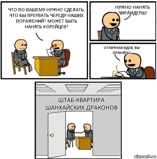 Что по вашему нужно сделать, что бы прервать череду наших поражений? Может быть нанять корейцев? Нужно нанять чирлидерш! Отличная идея, вы приняты! Штаб-квартира Шанхайских драконов, Комикс  Приняты