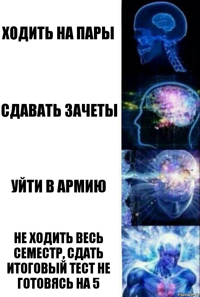 Ходить на пары Сдавать зачеты Уйти в армию Не ходить весь семестр, сдать итоговый тест не готовясь на 5, Комикс  Сверхразум