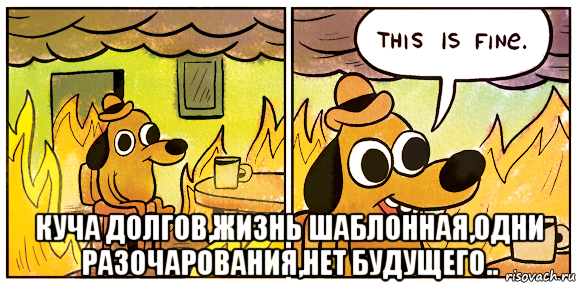  куча долгов,жизнь шаблонная,одни разочарования,нет будущего.., Мем This is fine