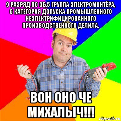 9 разряд по эб,5 группа электромонтёра, 6 категория допуска промышленного неэлектрифицированного производственного делила. вон оно че михалыч!!!