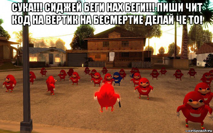 сука!!! сиджей беги нах беги!!! пиши чит код на вертик на бесмертие делай че то! , Мем  Уганда наклз