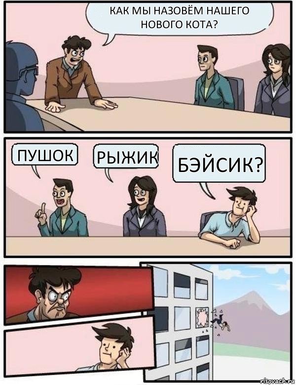 Как мы назовём нашего нового кота? Пушок Рыжик Бэйсик?, Комикс Выкинул из окна на совещании