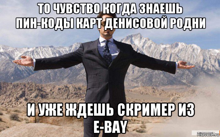 то чувство когда знаешь пин-коды карт денисовой родни и уже ждешь скример из e-bay, Мем железный человек