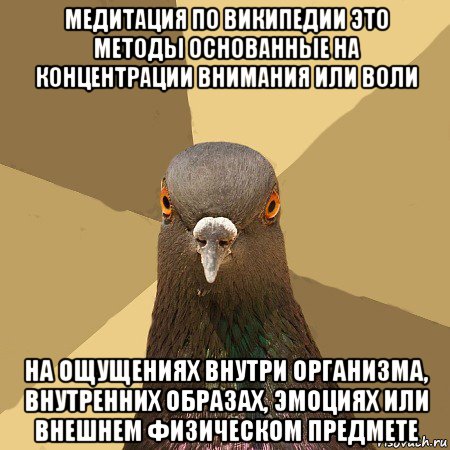 медитация по википедии это методы основанные на концентрации внимания или воли на ощущениях внутри организма, внутренних образах, эмоциях или внешнем физическом предмете, Мем голубь