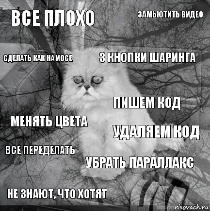 все плохо удаляем код 3 кнопки шаринга не знают, что хотят менять цвета замьютить видео убрать параллакс сделать как на иосе все переделать пишем код, Комикс  кот безысходность