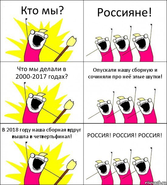 Кто мы? Россияне! Что мы делали в 2000-2017 годах? Опускали нашу сборную и сочиняли про неё злые шутки! В 2018 году наша сборная вдруг вышла в четвертьфинал! РОССИЯ! РОССИЯ! РОССИЯ!, Комикс кто мы