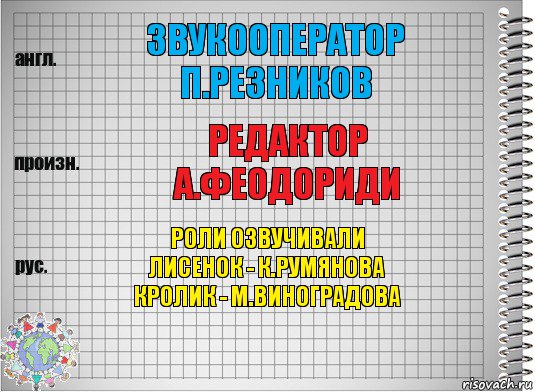 звукооператор
п.резников редактор
а.феодориди роли озвучивали
лисенок - к.румянова
кролик - м.виноградова, Комикс  Перевод с английского