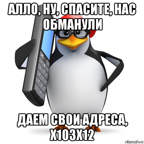 алло, ну, спасите, нас обманули даем свои адреса, х103х12, Мем   Пингвин звонит