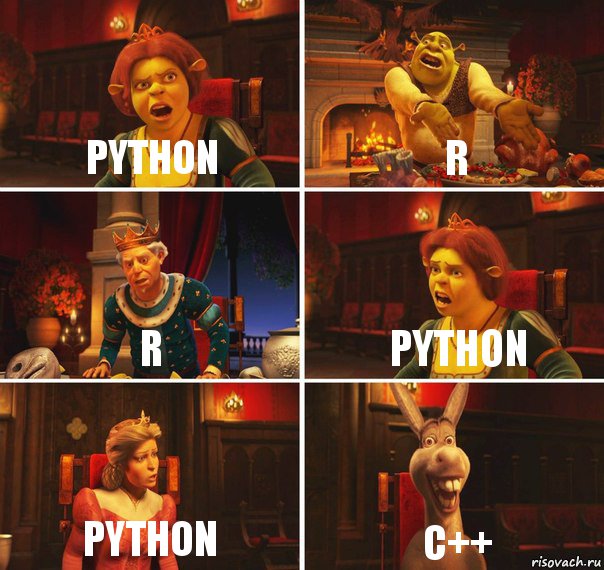 Python R R Python Python C++, Комикс  Шрек Фиона Гарольд Осел