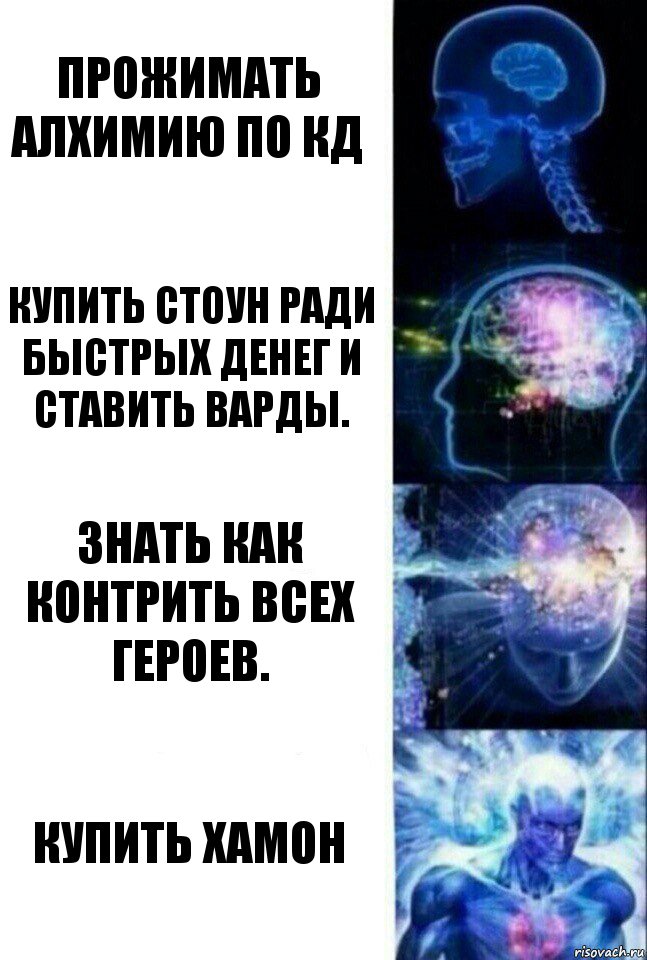 Прожимать алхимию по кд Купить Стоун ради быстрых денег и ставить варды. Знать как контрить всех героев. Купить ХАМОН, Комикс  Сверхразум