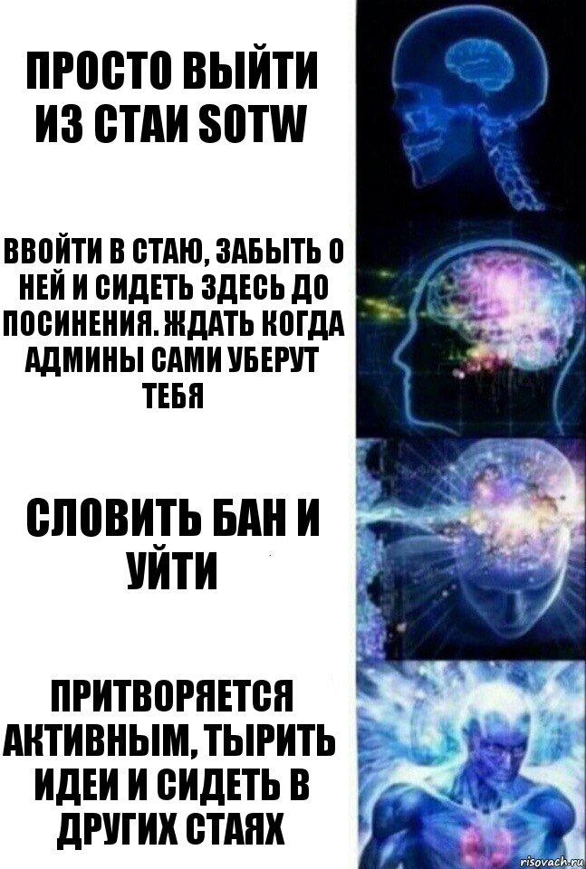 Просто выйти из стаи SOTW Ввойти в стаю, забыть о ней и сидеть здесь до посинения. Ждать когда админы сами уберут тебя Словить бан и уйти Притворяется активным, тырить идеи и сидеть в других стаях, Комикс  Сверхразум