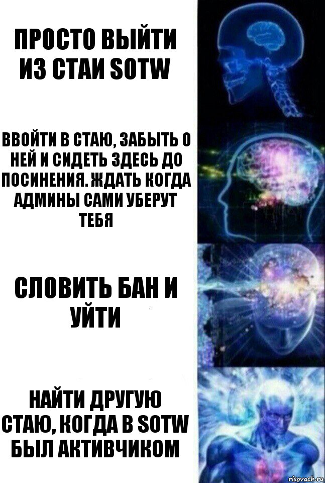 Просто выйти из стаи SOTW Ввойти в стаю, забыть о ней и сидеть здесь до посинения. Ждать когда админы сами уберут тебя Словить бан и уйти Найти другую стаю, когда в SOTW был активчиком, Комикс  Сверхразум