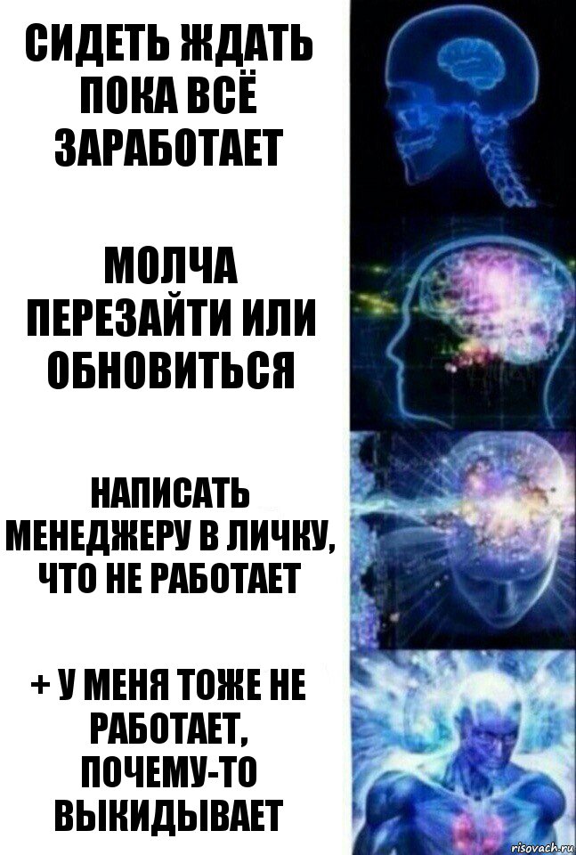 сидеть ждать пока всё заработает молча перезайти или обновиться написать менеджеру в личку, что не работает + у меня тоже не работает, почему-то выкидывает, Комикс  Сверхразум