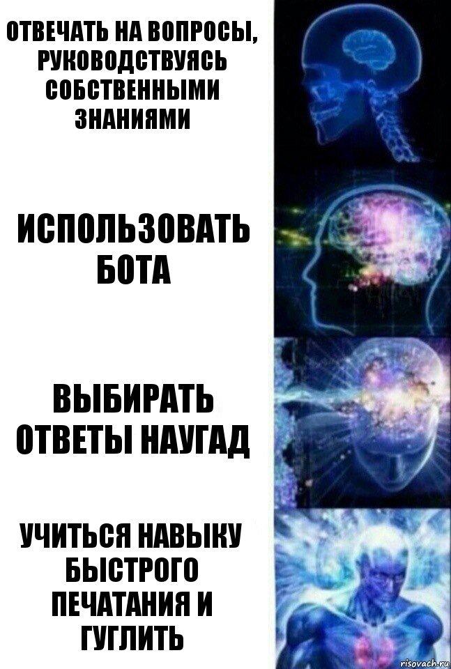 Отвечать на вопросы, руководствуясь собственными знаниями Использовать бота Выбирать ответы наугад Учиться навыку быстрого печатания и гуглить, Комикс  Сверхразум