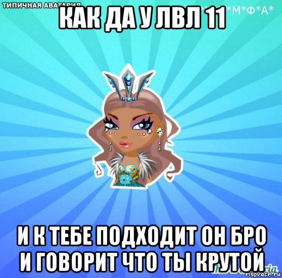 как да у лвл 11 и к тебе подходит он бро и говорит что ты крутой, Мем АВАТАРИЯ БИСИ