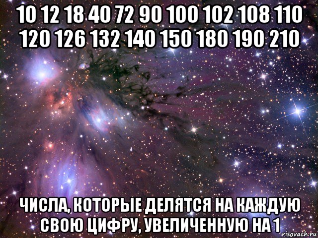 10 12 18 40 72 90 100 102 108 110 120 126 132 140 150 180 190 210 числа, которые делятся на каждую свою цифру, увеличенную на 1, Мем Космос