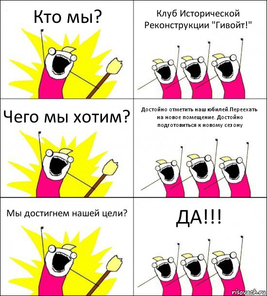 Кто мы? Клуб Исторической Реконструкции "Гивойт!" Чего мы хотим? Достойно отметить наш юбилей.Переехать на новое помещение. Достойно подготовиться к новому сезону Мы достигнем нашей цели? ДА!!!