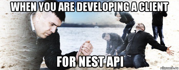 when you are developing a client for nest api, Мем Мужик сыпет песок на пляже