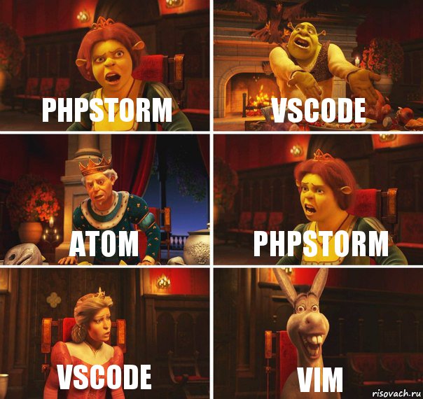 PHPStorm VSCode Atom PHPStorm VSCode VIM, Комикс  Шрек Фиона Гарольд Осел