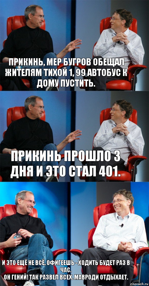 Прикинь, мер Бугров обещал жителям Тихой 1, 99 автобус к дому пустить. Прикинь прошло 3 дня и это стал 401. И это ещё не всё, офигеешь - ходить будет раз в час.
Он гений! Так развел всех. Мавроди отдыхает.