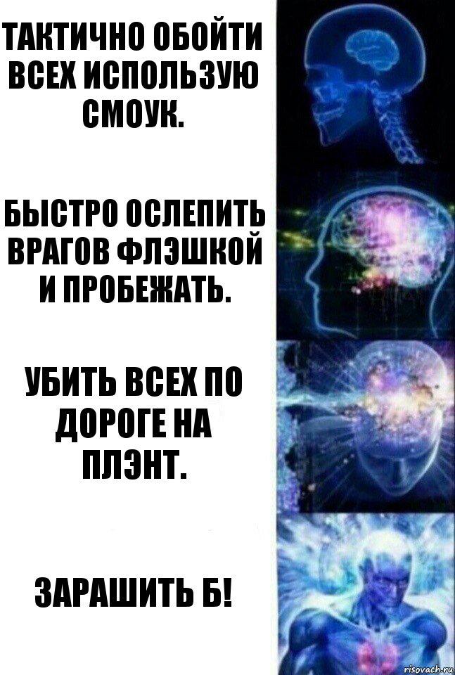 Тактично обойти всех использую смоук. Быстро ослепить врагов флэшкой и пробежать. Убить всех по дороге на плэнт. ЗАРАШИТЬ Б!, Комикс  Сверхразум