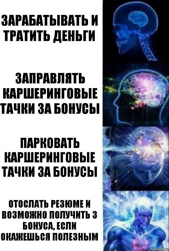 зарабатывать и тратить деньги заправлять каршеринговые тачки за бонусы парковать каршеринговые тачки за бонусы Отослать резюме и возможно получить 3 бонуса, если окажешься полезным, Комикс  Сверхразум