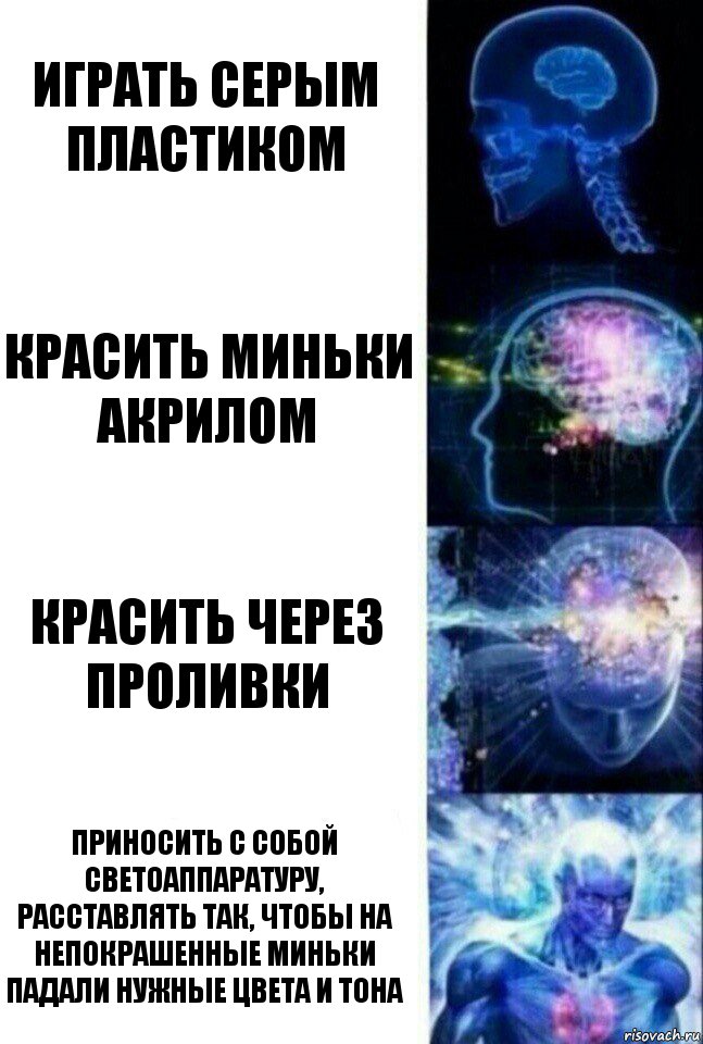 Играть серым пластиком Красить миньки акрилом Красить через проливки Приносить с собой светоаппаратуру, расставлять так, чтобы на непокрашенные миньки падали нужные цвета и тона, Комикс  Сверхразум