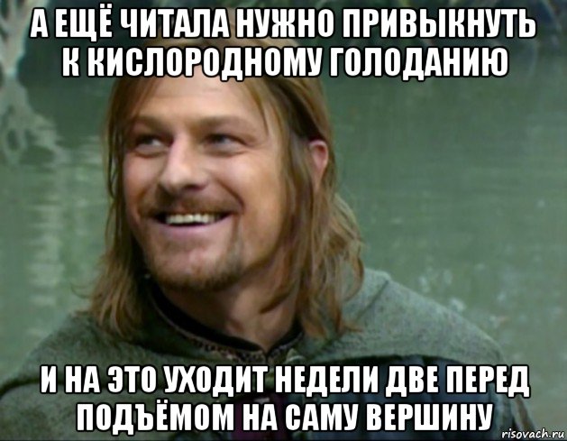 а ещё читала нужно привыкнуть к кислородному голоданию и на это уходит недели две перед подъёмом на саму вершину, Мем Тролль Боромир