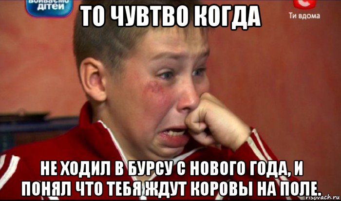 то чувтво когда не ходил в бурсу с нового года, и понял что тебя ждут коровы на поле., Мем  Сашок Фокин