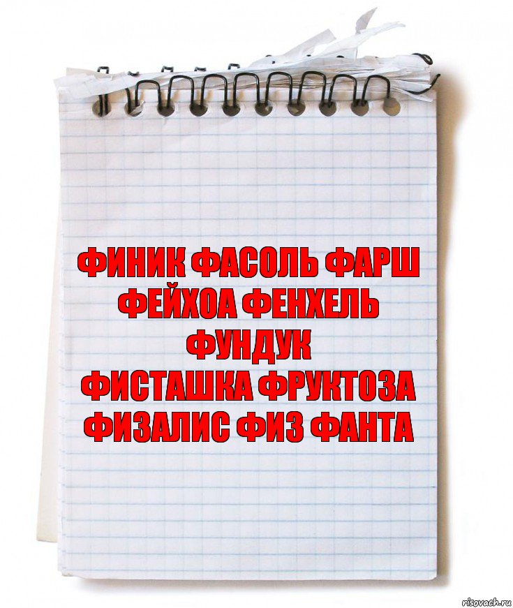 ФИНИК ФАСОЛЬ ФАРШ ФЕЙХОА ФЕНХЕЛЬ ФУНДУК
ФИСТАШКА ФРУКТОЗА ФИЗАЛИС ФИЗ ФАНТА, Комикс   блокнот с пружинкой