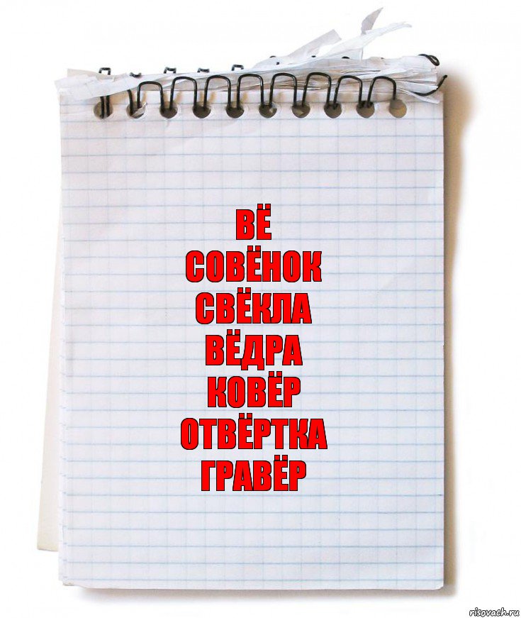 Вё
Совёнок
Свёкла
Вёдра
Ковёр
Отвёртка
Гравёр, Комикс   блокнот с пружинкой