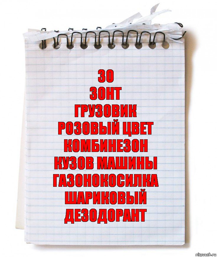 Зо
Зонт
Грузовик
Розовый цвет
Комбинезон
Кузов машины
Газонокосилка
Шариковый дезодорант, Комикс   блокнот с пружинкой